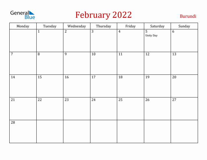 Burundi February 2022 Calendar - Monday Start