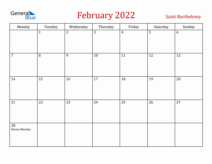 Saint Barthelemy February 2022 Calendar - Monday Start