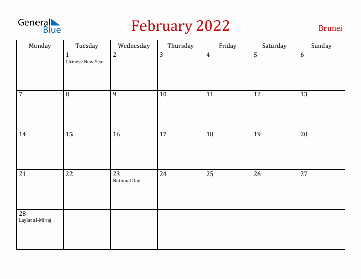 Brunei February 2022 Calendar - Monday Start