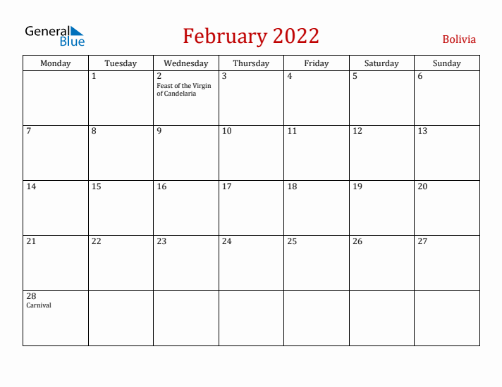 Bolivia February 2022 Calendar - Monday Start