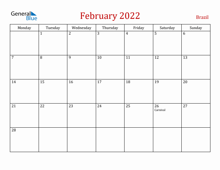 Brazil February 2022 Calendar - Monday Start