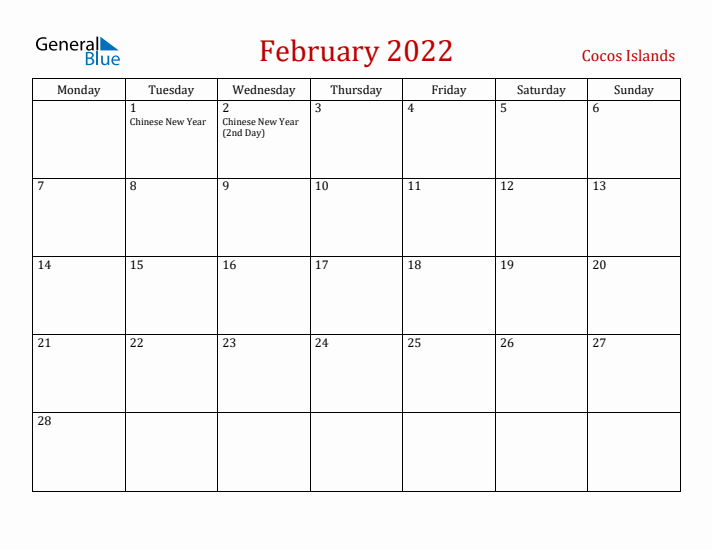Cocos Islands February 2022 Calendar - Monday Start