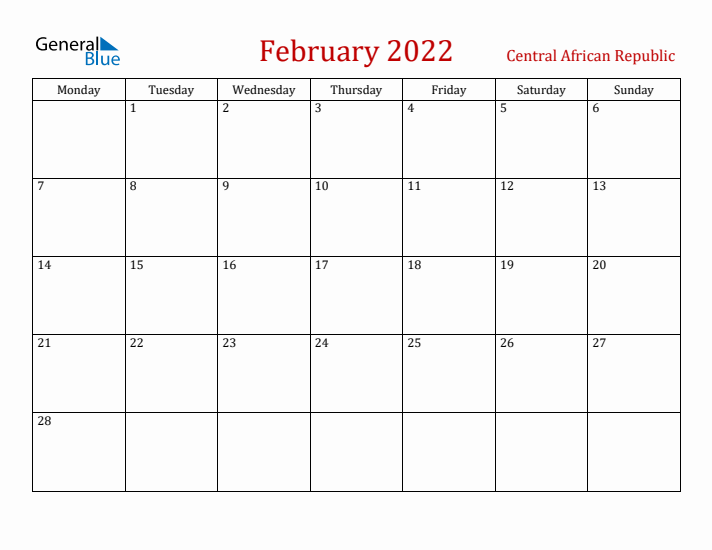 Central African Republic February 2022 Calendar - Monday Start