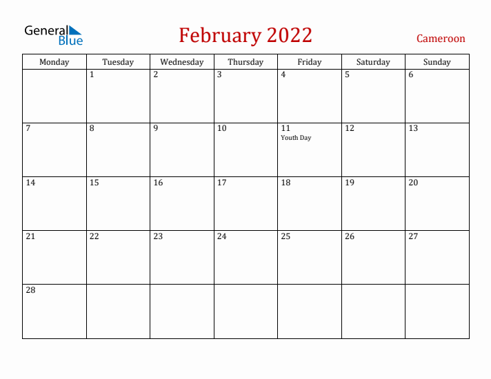 Cameroon February 2022 Calendar - Monday Start
