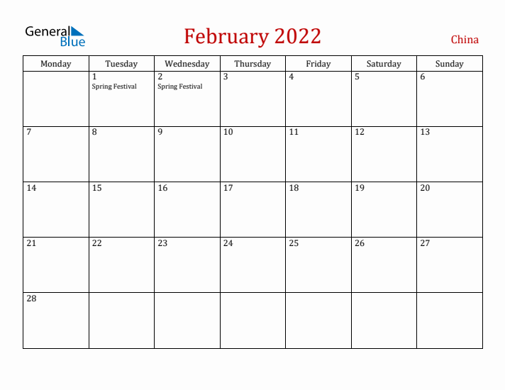 China February 2022 Calendar - Monday Start