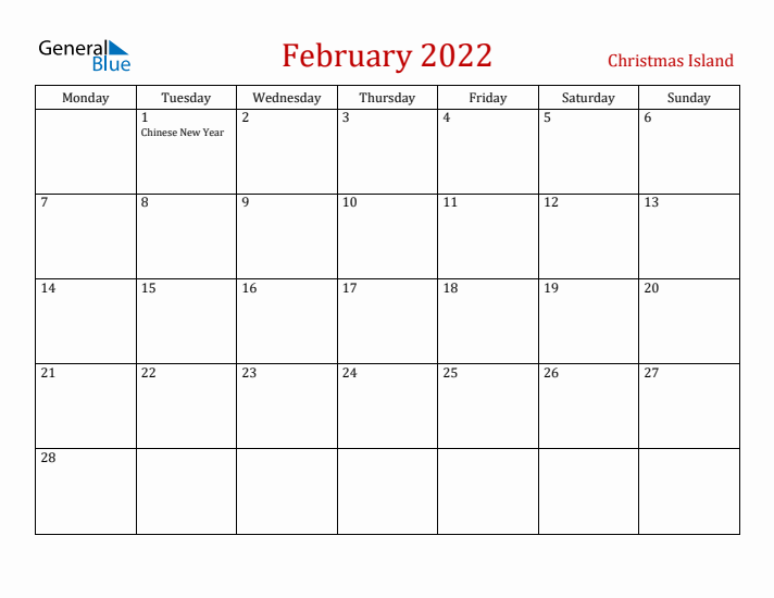 Christmas Island February 2022 Calendar - Monday Start