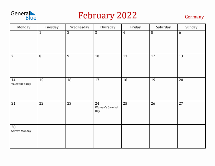Germany February 2022 Calendar - Monday Start