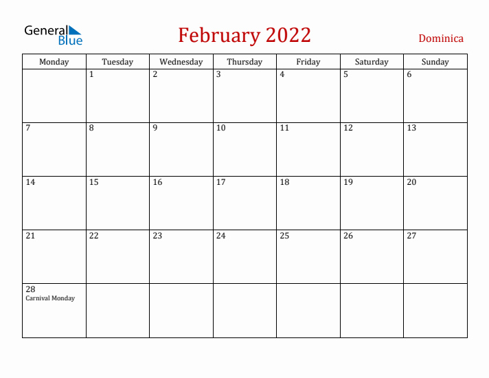 Dominica February 2022 Calendar - Monday Start