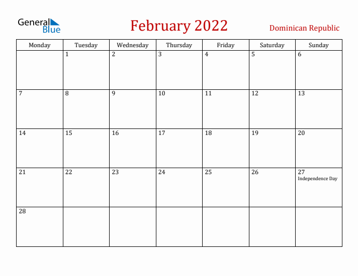 Dominican Republic February 2022 Calendar - Monday Start