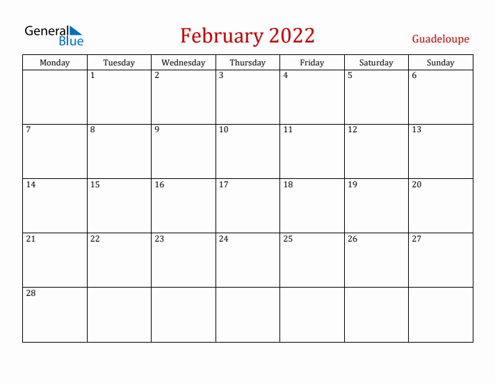 Guadeloupe February 2022 Calendar - Monday Start
