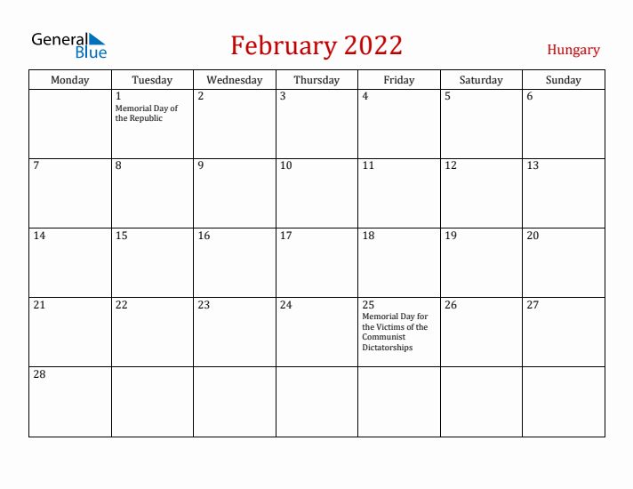 Hungary February 2022 Calendar - Monday Start