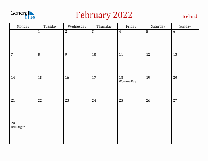 Iceland February 2022 Calendar - Monday Start