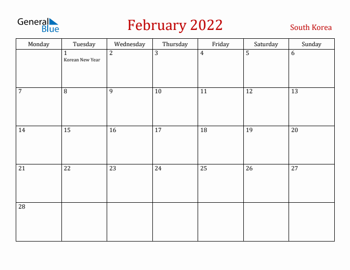 South Korea February 2022 Calendar - Monday Start