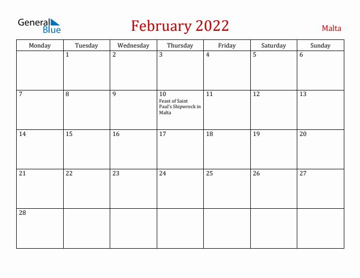 Malta February 2022 Calendar - Monday Start