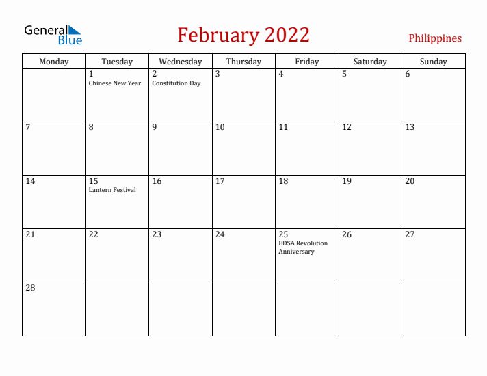 Philippines February 2022 Calendar - Monday Start