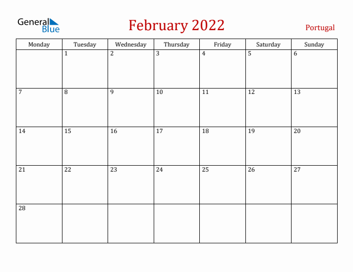 Portugal February 2022 Calendar - Monday Start