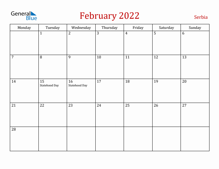 Serbia February 2022 Calendar - Monday Start