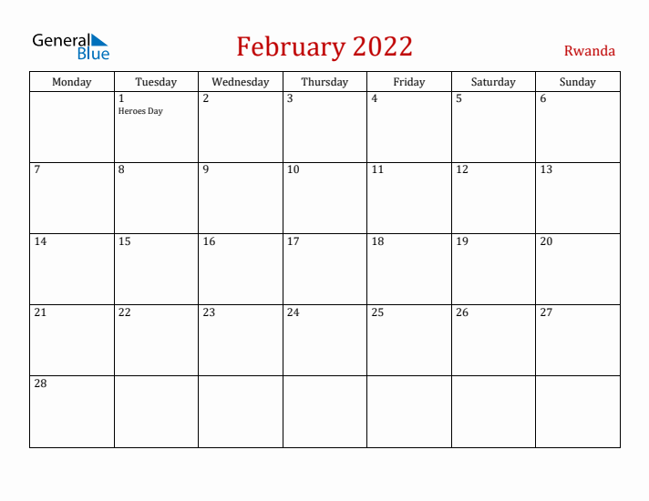 Rwanda February 2022 Calendar - Monday Start