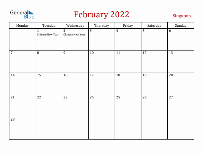Singapore February 2022 Calendar - Monday Start