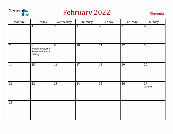 Slovenia February 2022 Calendar - Monday Start