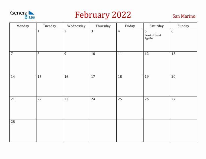 San Marino February 2022 Calendar - Monday Start