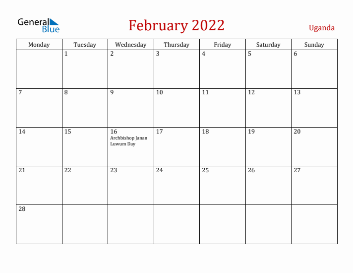 Uganda February 2022 Calendar - Monday Start