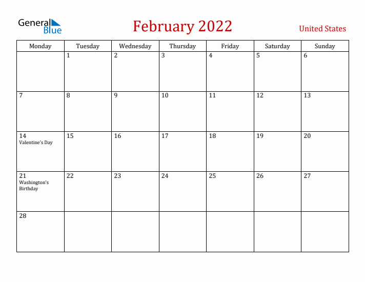 United States February 2022 Calendar - Monday Start