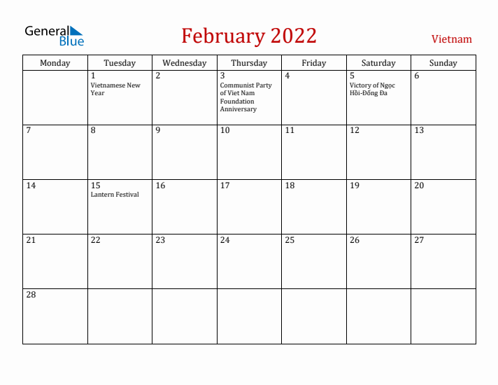Vietnam February 2022 Calendar - Monday Start
