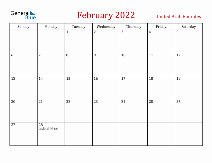 United Arab Emirates February 2022 Calendar - Sunday Start