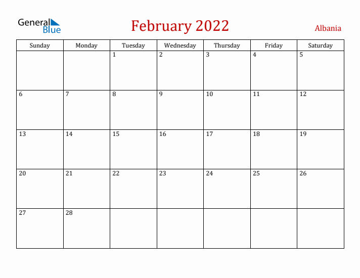 Albania February 2022 Calendar - Sunday Start