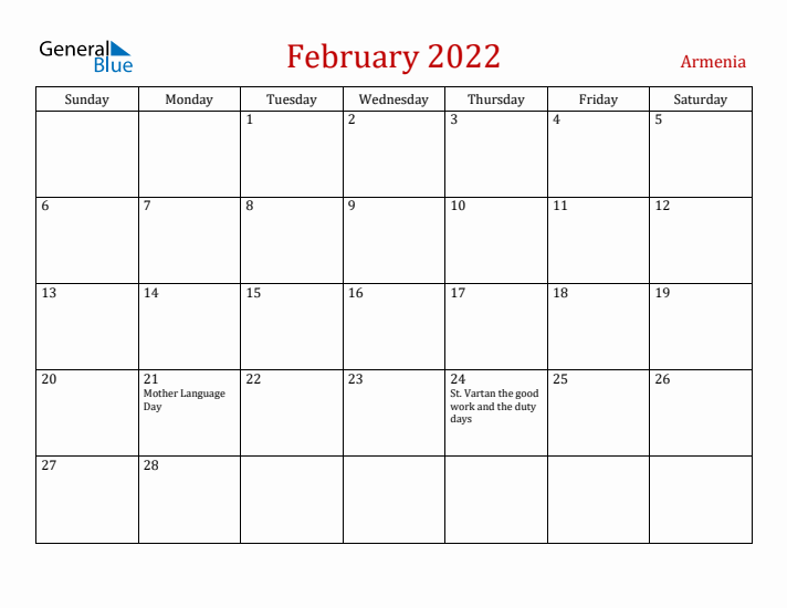 Armenia February 2022 Calendar - Sunday Start