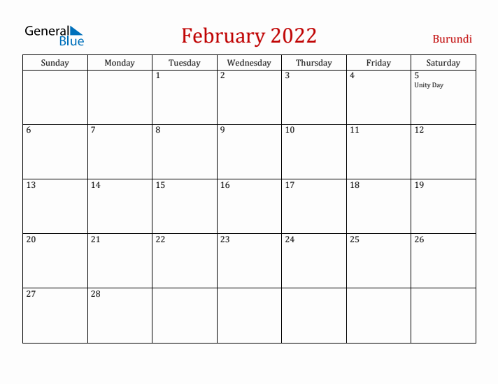Burundi February 2022 Calendar - Sunday Start