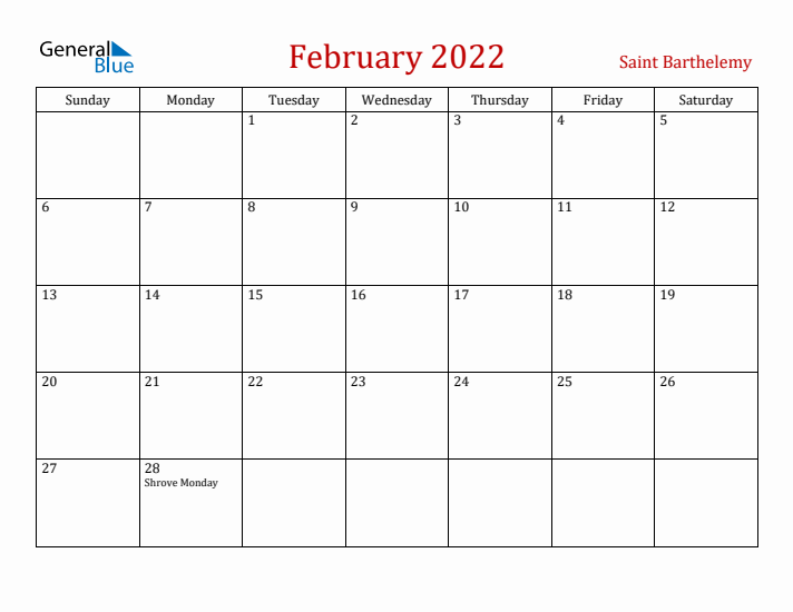 Saint Barthelemy February 2022 Calendar - Sunday Start