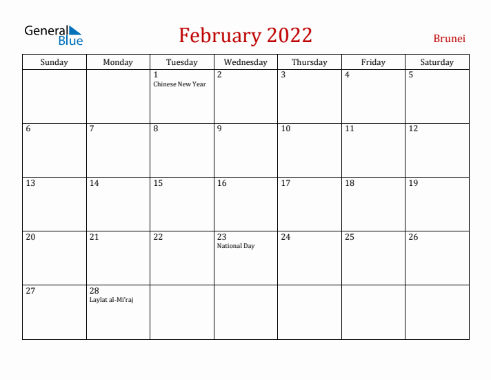 Brunei February 2022 Calendar - Sunday Start