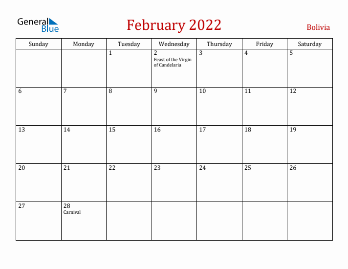 Bolivia February 2022 Calendar - Sunday Start