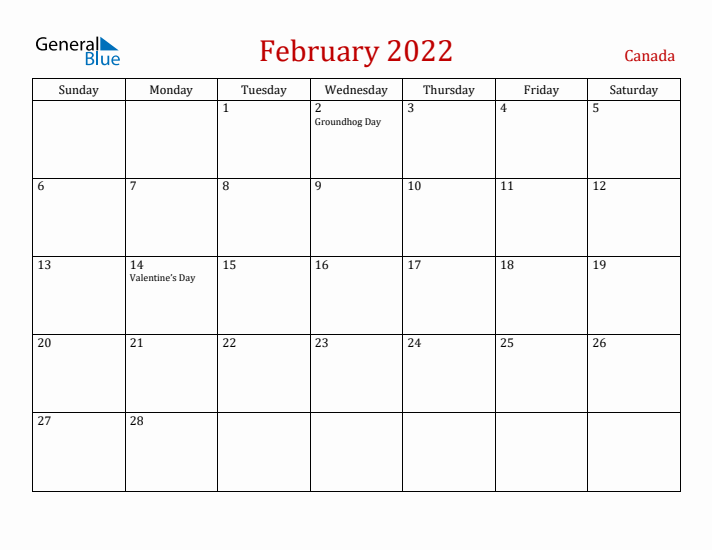 Canada February 2022 Calendar - Sunday Start