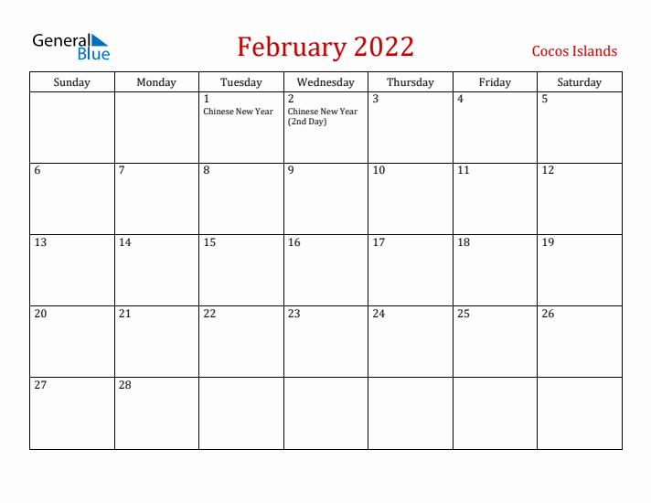 Cocos Islands February 2022 Calendar - Sunday Start