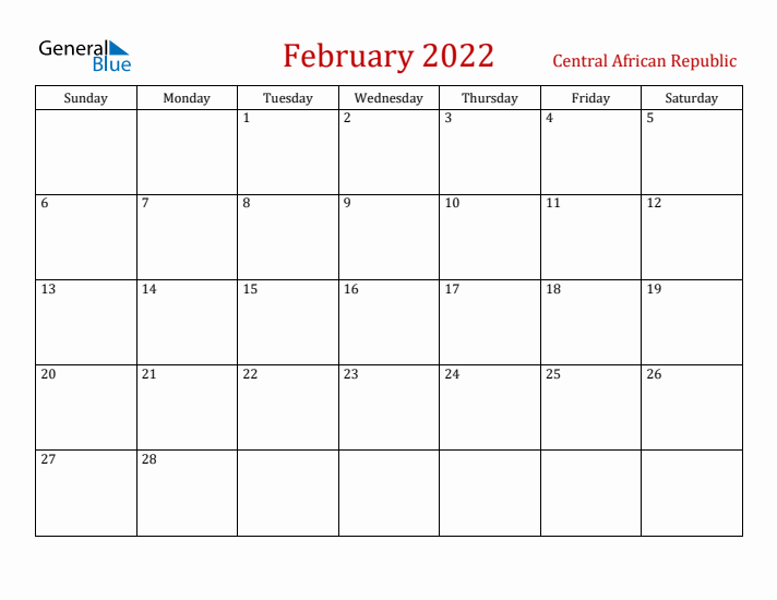 Central African Republic February 2022 Calendar - Sunday Start
