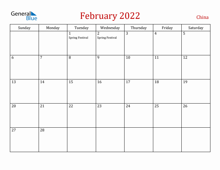 China February 2022 Calendar - Sunday Start