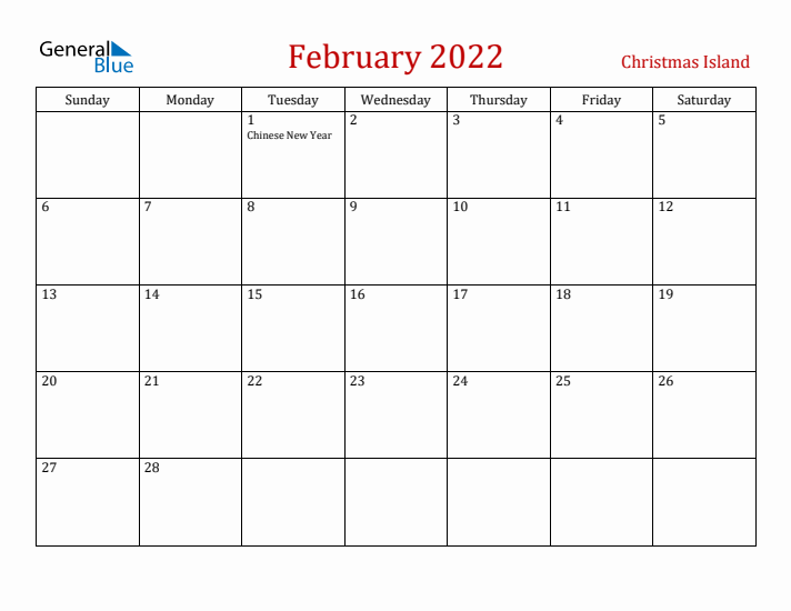 Christmas Island February 2022 Calendar - Sunday Start