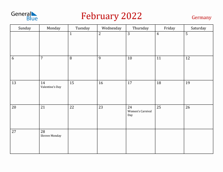 Germany February 2022 Calendar - Sunday Start