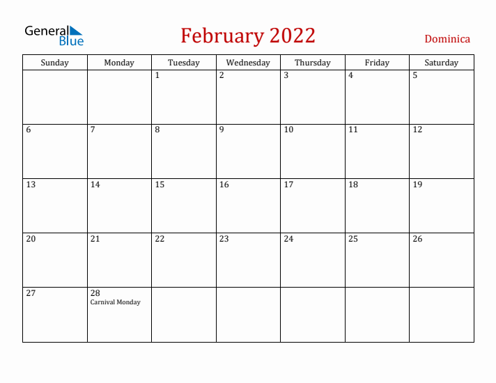 Dominica February 2022 Calendar - Sunday Start