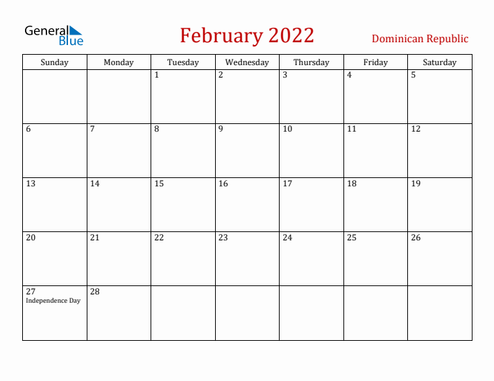 Dominican Republic February 2022 Calendar - Sunday Start