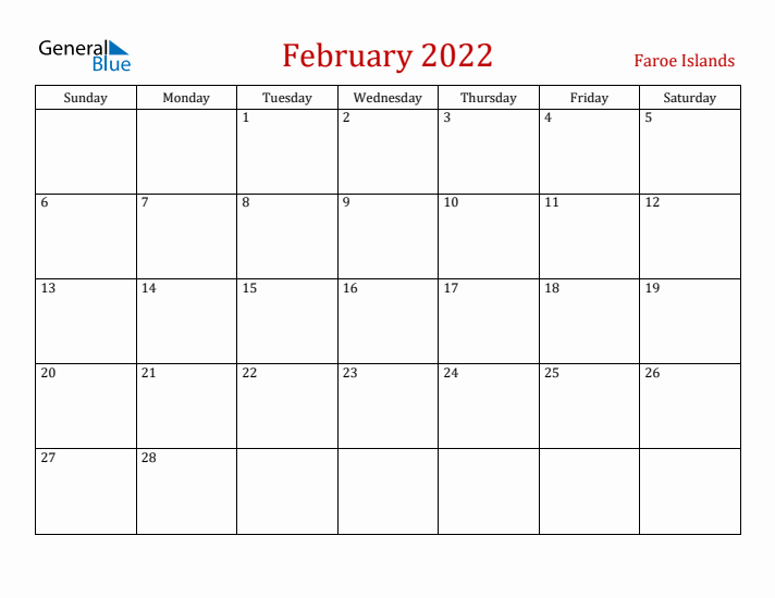 Faroe Islands February 2022 Calendar - Sunday Start