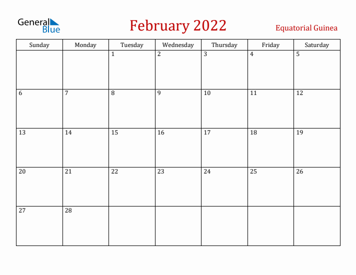 Equatorial Guinea February 2022 Calendar - Sunday Start