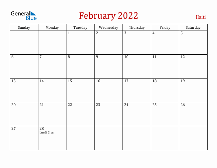 Haiti February 2022 Calendar - Sunday Start