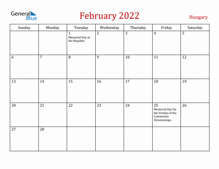 Hungary February 2022 Calendar - Sunday Start