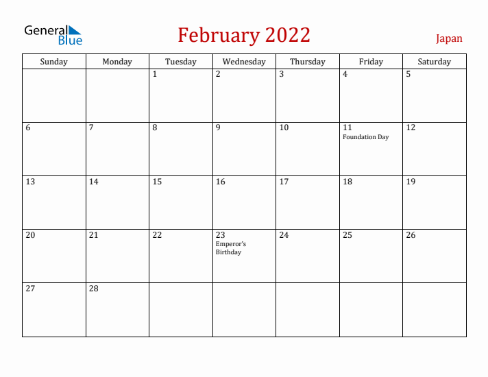 Japan February 2022 Calendar - Sunday Start