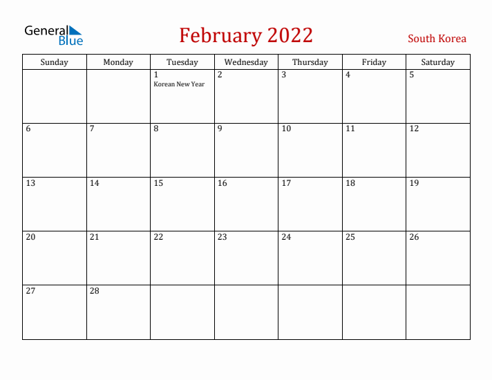 South Korea February 2022 Calendar - Sunday Start