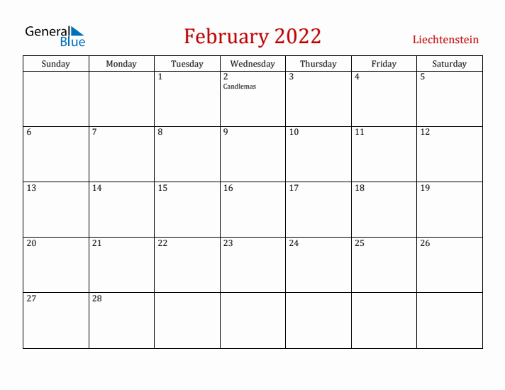 Liechtenstein February 2022 Calendar - Sunday Start